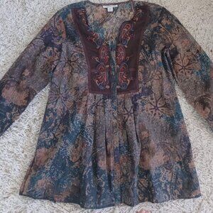 Coldwater Creek Women’s PM Petite Medium Embroidered Paisley Boho Top Sheer